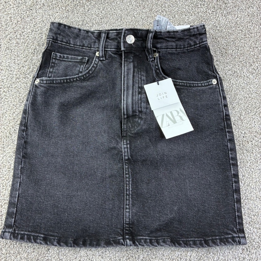 Zara Denim Mini Skirt Womens XS Washed‎ Black High Waisted Grunge Indie Edgy NEW